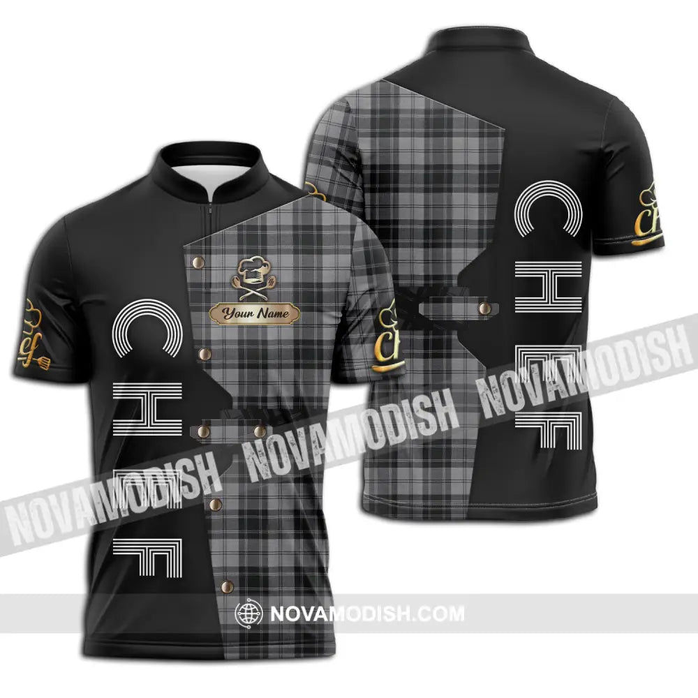 Unisex Shirt - Custom Chef Name Shirt Black And Caro Zipper Polo Shirt / S T-shirt