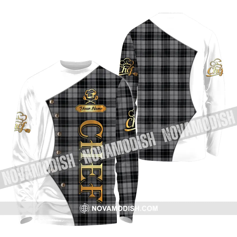 Unisex Shirt - Custom Chef Name Shirt White And Caro Long Sleeve Shirt / S T-shirt