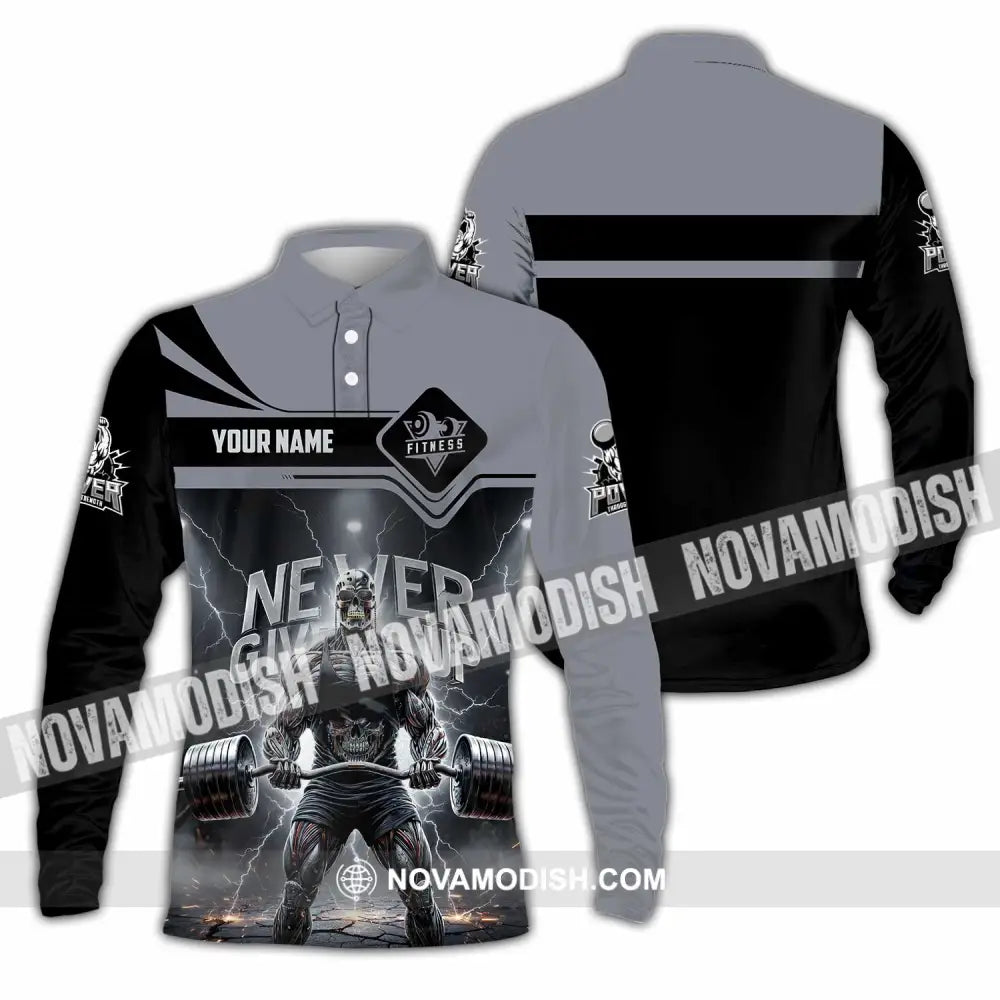 Unisex Shirt - Custom Fitness Never Give Up 3D Shirt Long Sleeve Polo / S T-shirt