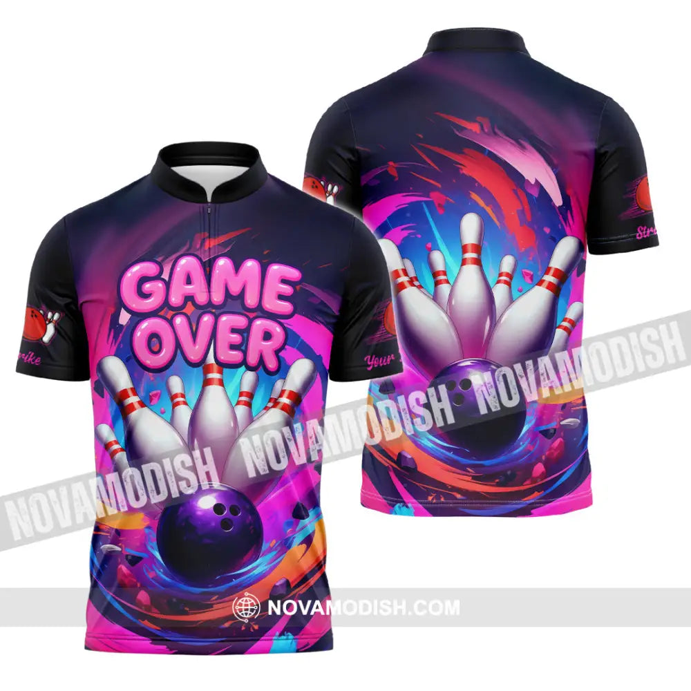 Unisex Shirt - Custom Funny Bowling Game Purple Shirt Zipper Polo Shirt / S T-shirt
