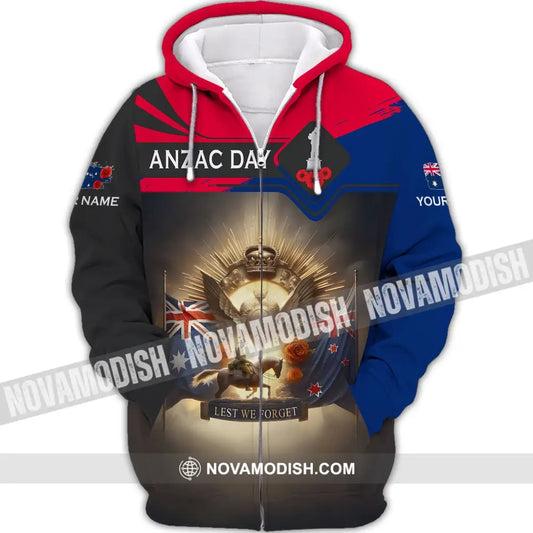 Unisex Shirt - Custom Name 3D Anzac Day Lest We Forget Zipper Hoodie / S T-Shirt