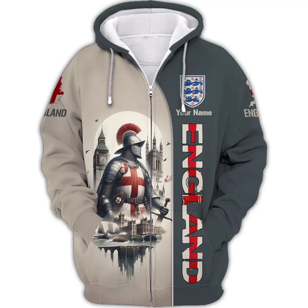 Unisex Shirt - Custom Name 3D England Chevalier Zipper Hoodie / S T-Shirt
