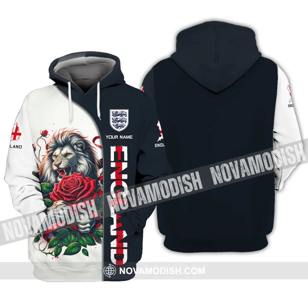 Unisex Shirt - Custom Name 3D England Map Red Rose Lion Hoodie / S T-Shirt