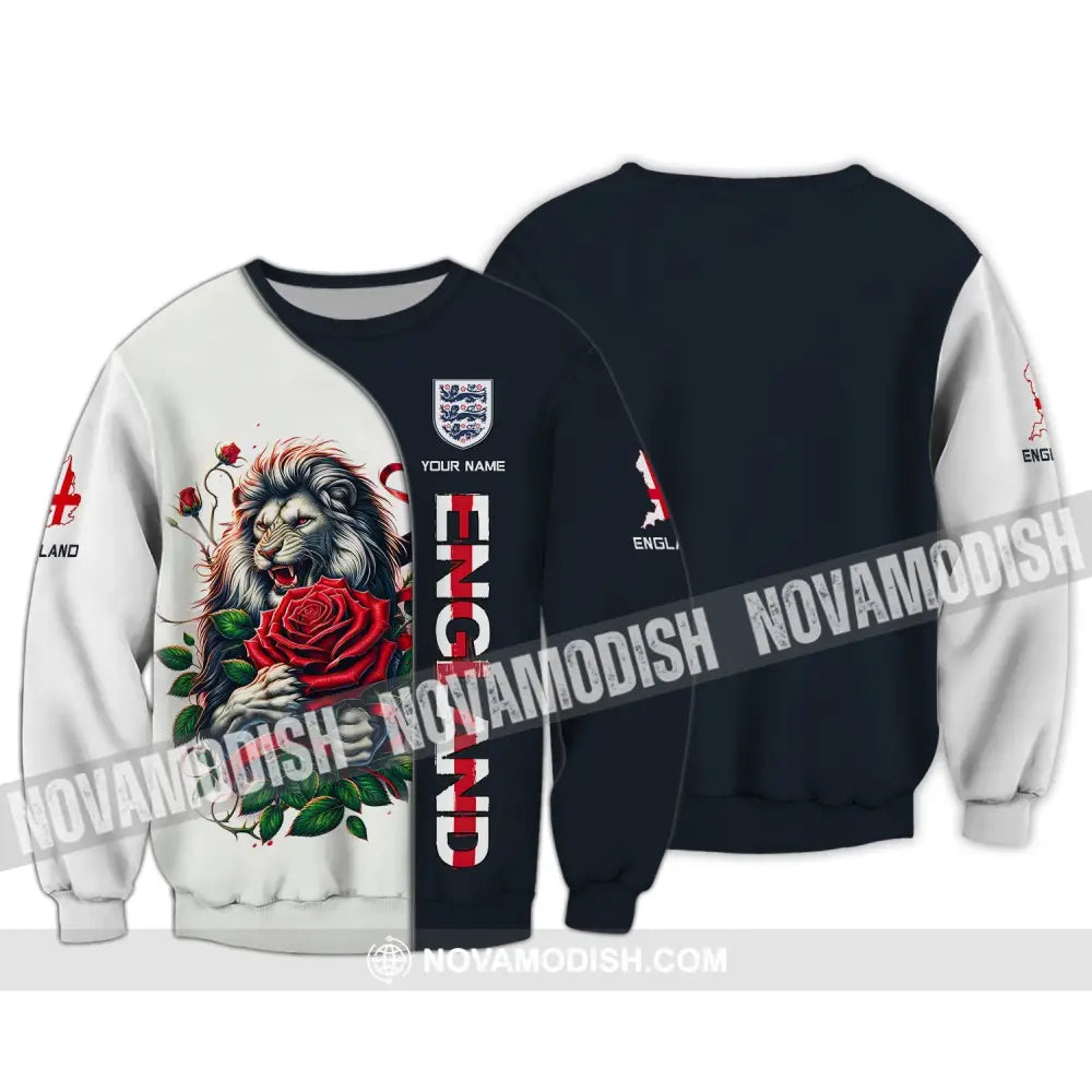 Unisex Shirt - Custom Name 3D England Map Red Rose Lion Long Sleeve / S T-Shirt