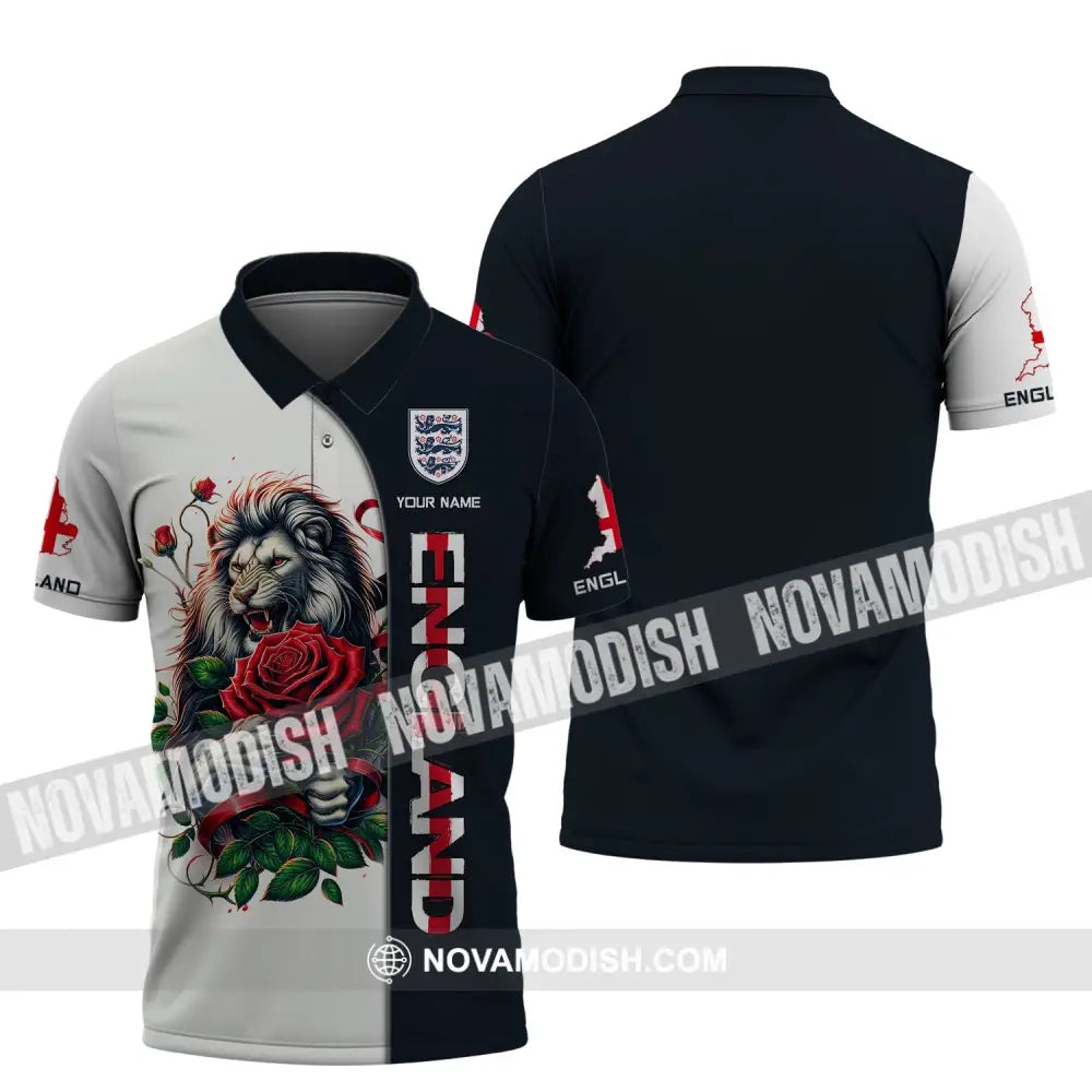 Unisex Shirt - Custom Name 3D England Map Red Rose Lion Polo / S T-Shirt