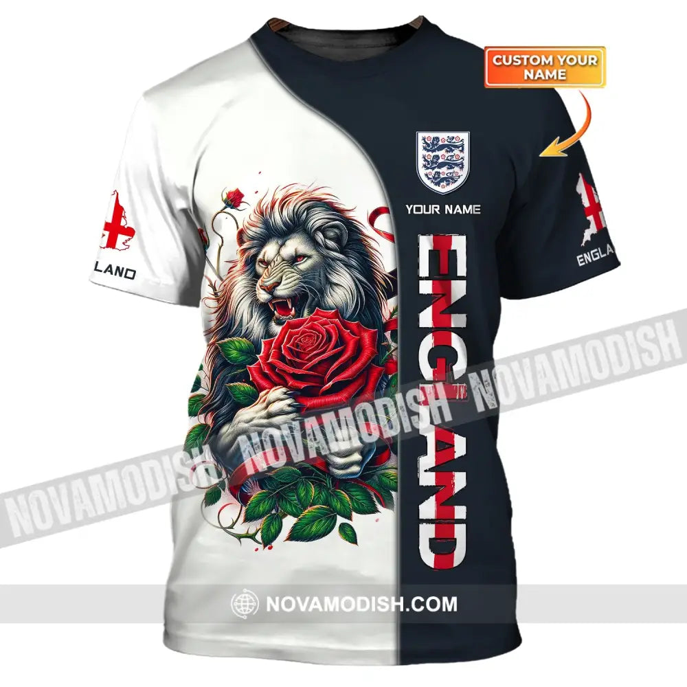 Unisex Shirt - Custom Name 3D England Map Red Rose Lion T-Shirt