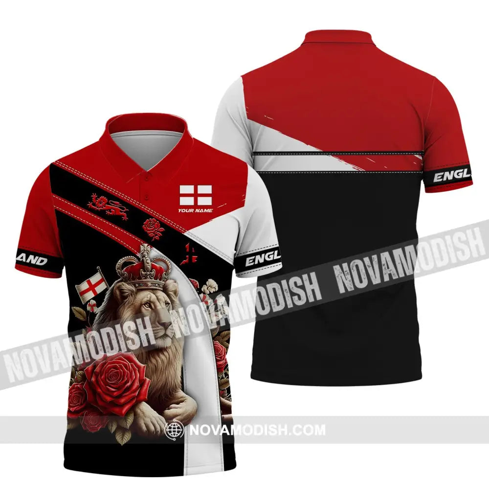 Unisex Shirt - Custom Name 3D England Red Rose Lion Polo / S T-Shirt