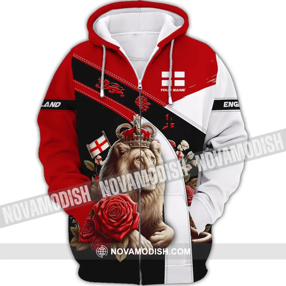 Unisex Shirt - Custom Name 3D England Red Rose Lion Zipper Hoodie / S T-Shirt