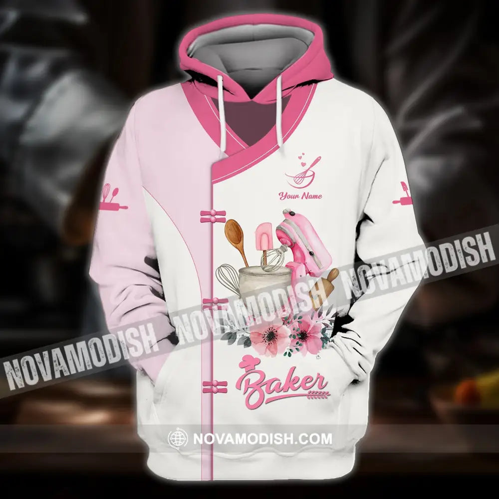 Unisex Shirt - Custom Name 3D Shirt For Baker Making Cake Light Pink Flowers Hoodie / S T-shirt