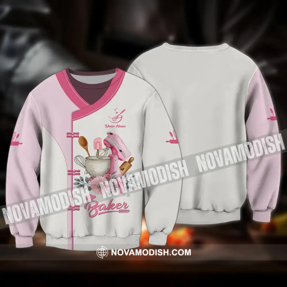 Unisex Shirt - Custom Name 3D Shirt For Baker Making Cake Light Pink Flowers Long Sleeve / S T-shirt