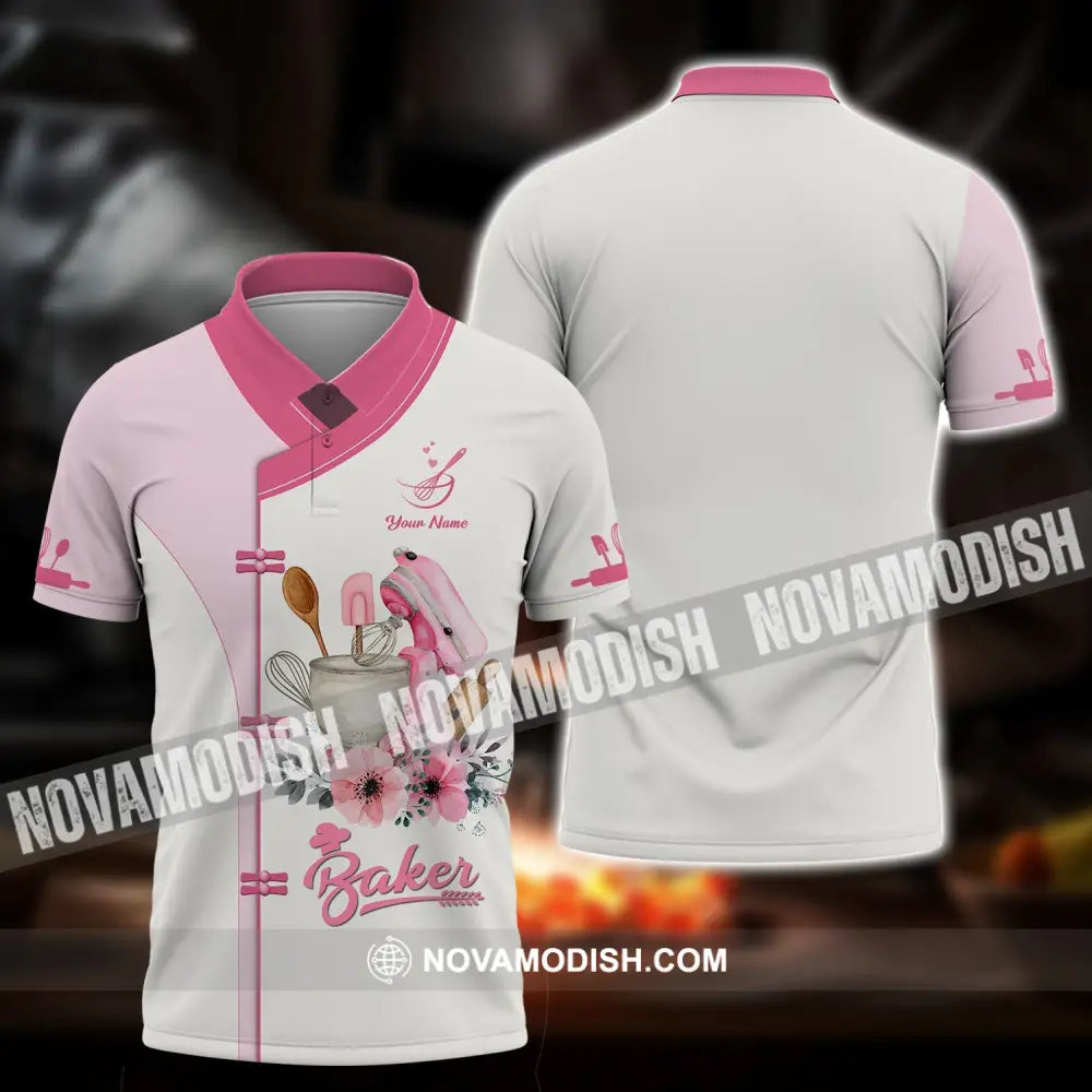Unisex Shirt - Custom Name 3D Shirt For Baker Making Cake Light Pink Flowers Polo Shirt / S T-shirt