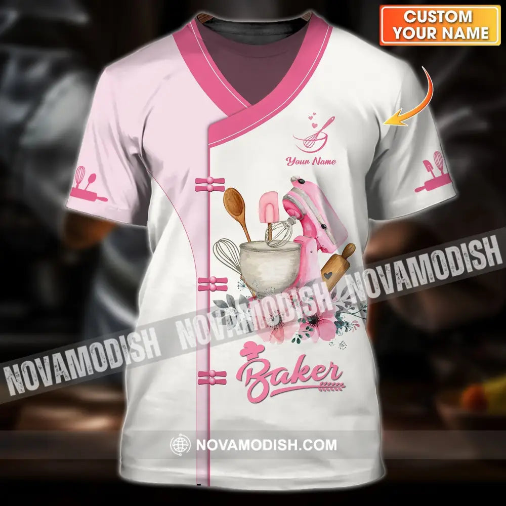 Unisex Shirt - Custom Name 3D Shirt For Baker Making Cake Light Pink Flowers T-shirt