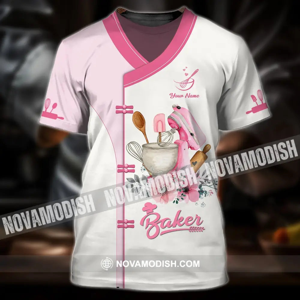 Unisex Shirt - Custom Name 3D Shirt For Baker Making Cake Light Pink Flowers T-Shirt / S T-shirt