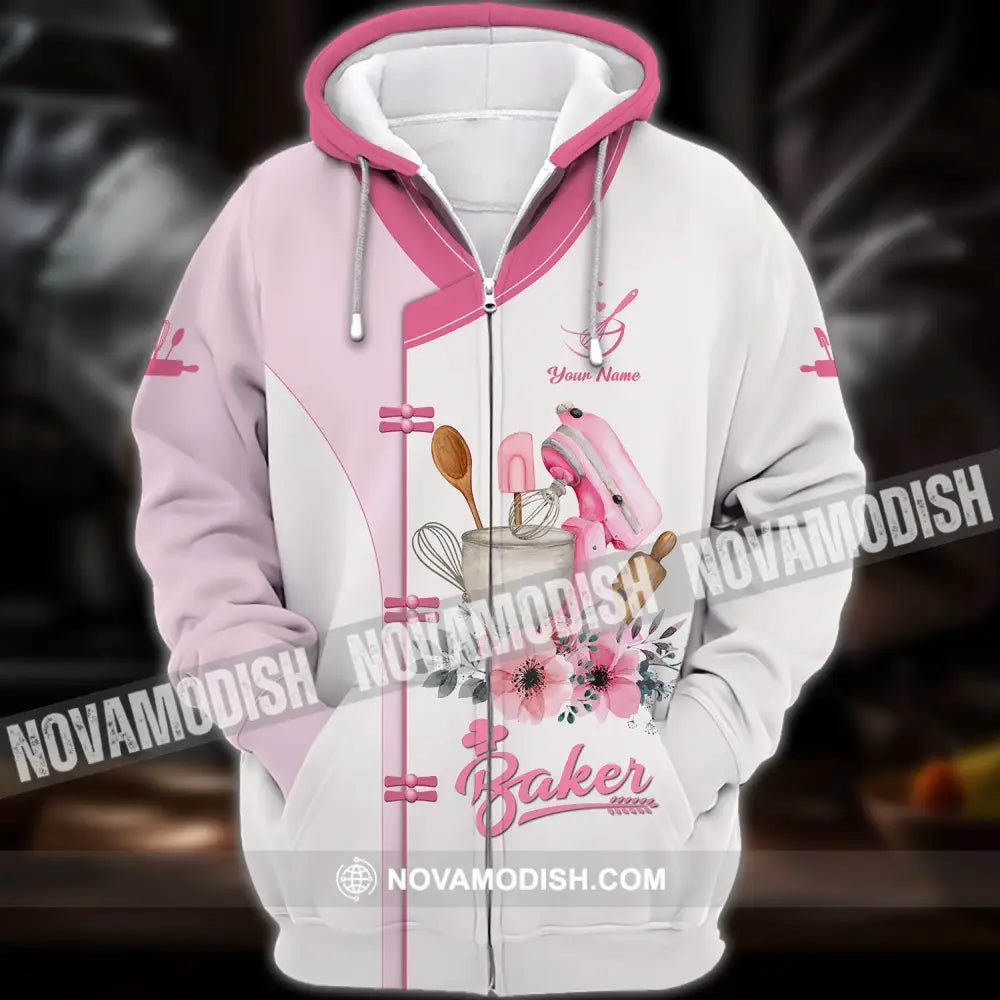 Unisex Shirt - Custom Name 3D Shirt For Baker Making Cake Light Pink Flowers Zipper Hoodie / S T-shirt