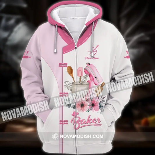 Unisex Shirt - Custom Name 3D Shirt For Baker Making Cake Light Pink Flowers Zipper Hoodie / S T-shirt