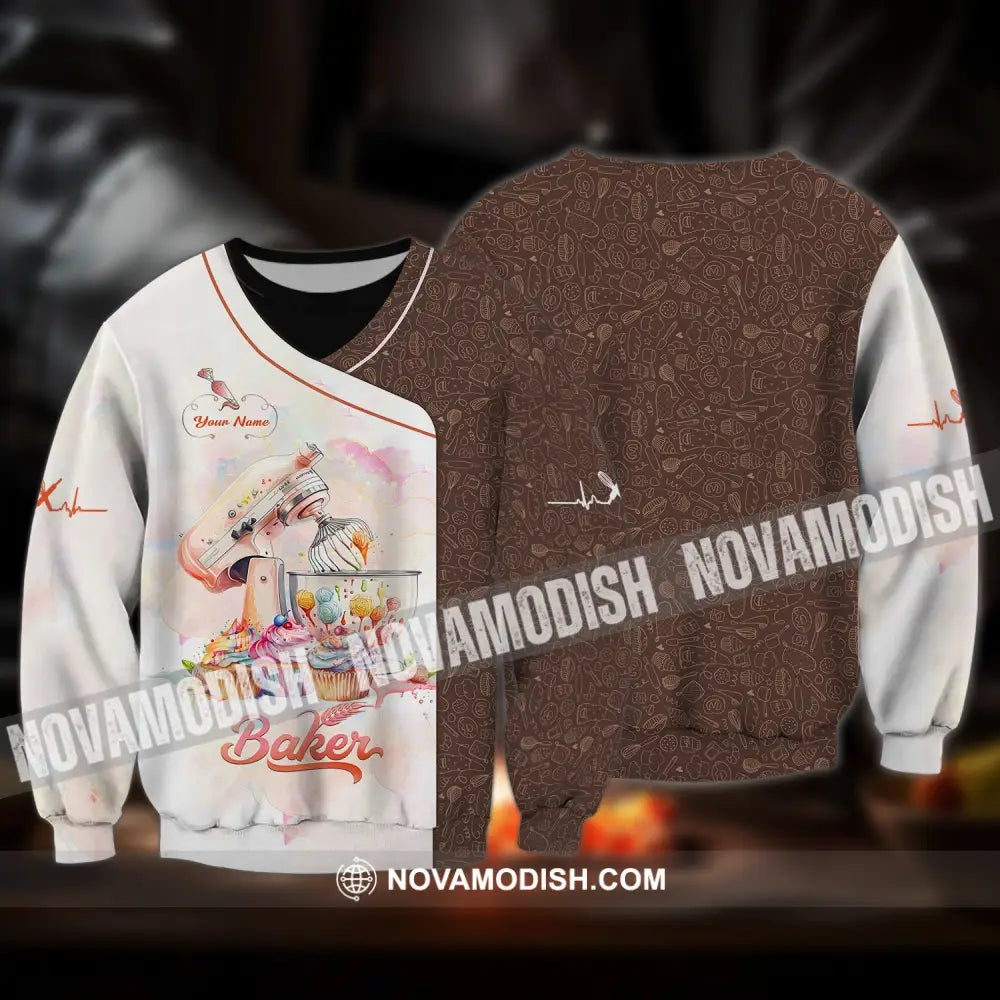 Unisex Shirt - Custom Name 3D Shirt For Baker Making Cake Long Sleeve / S T-shirt