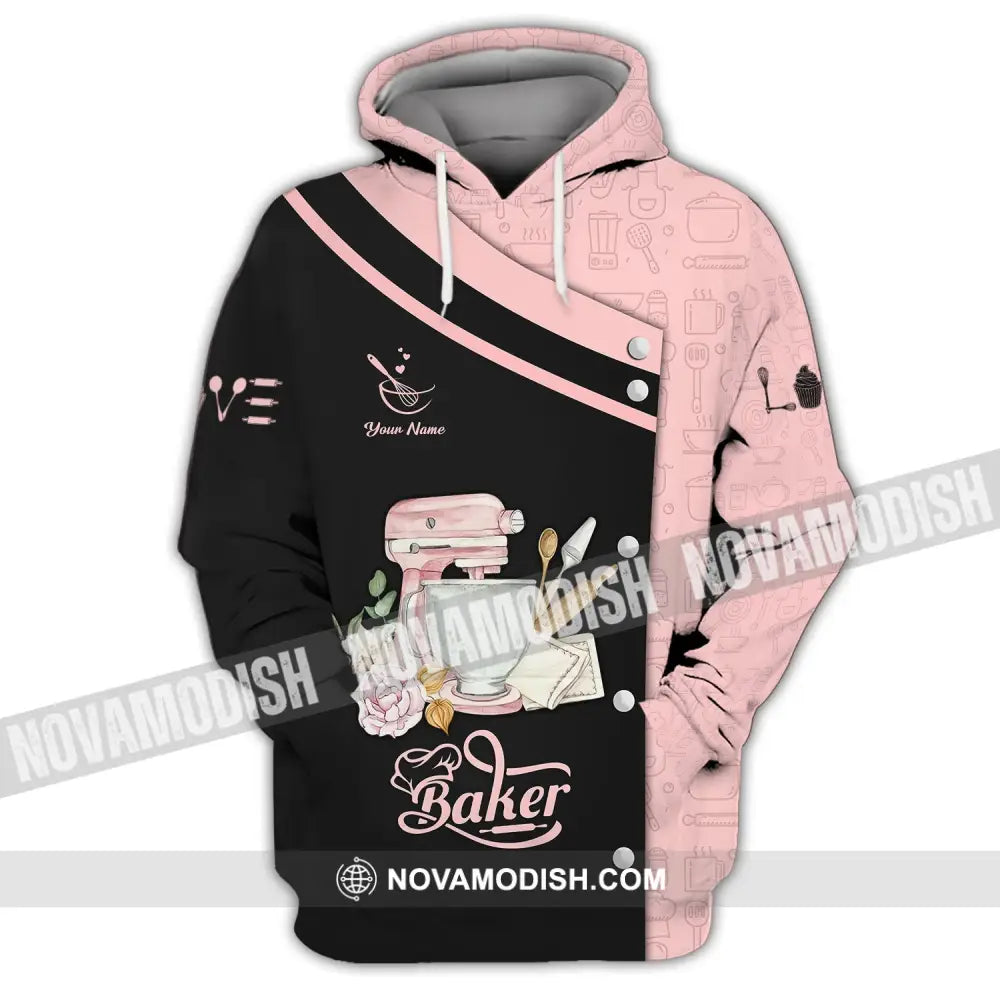 Unisex Shirt - Custom Name 3D Shirt For Baker Making Cake Pink And Back Hoodie / S T-shirt