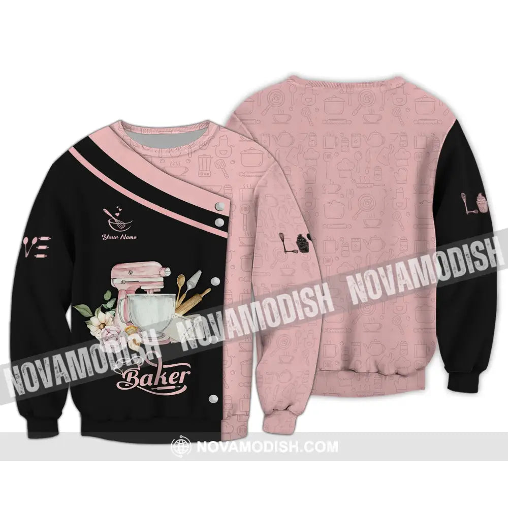 Unisex Shirt - Custom Name 3D Shirt For Baker Making Cake Pink And Back Long Sleeve / S T-shirt