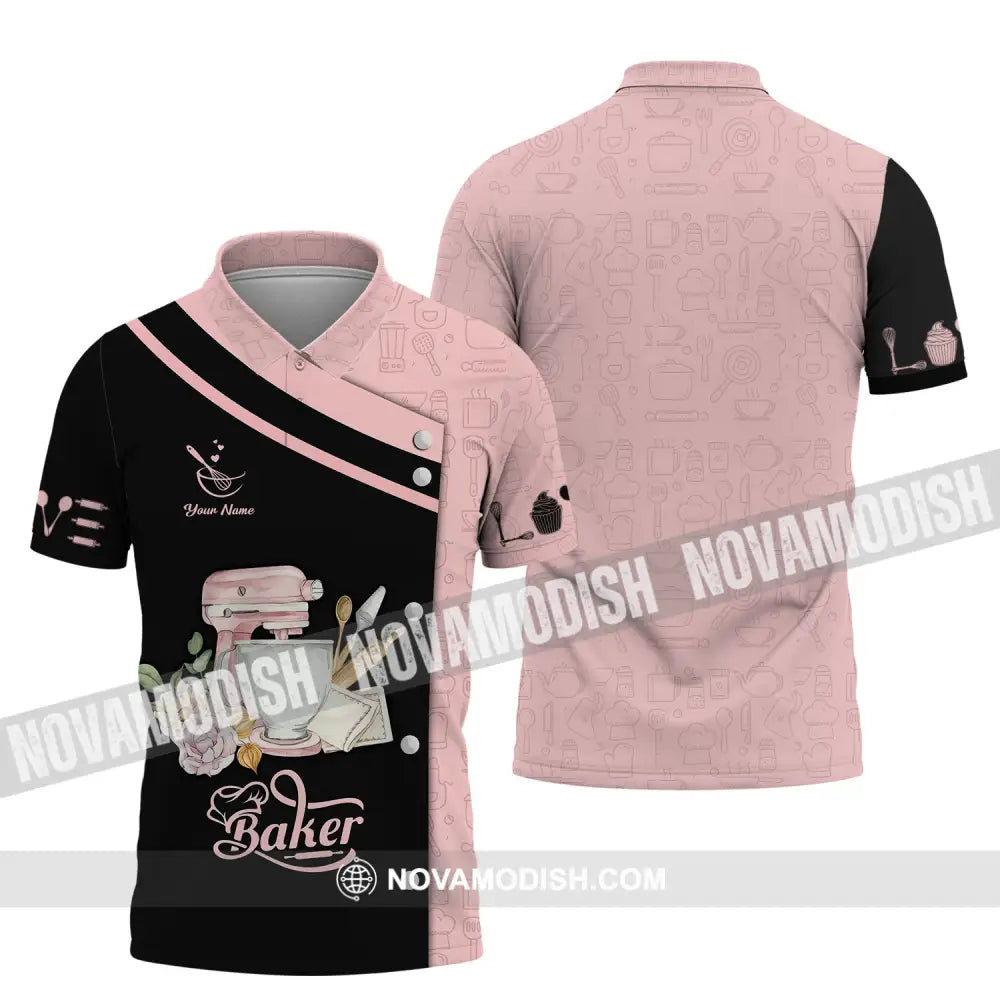 Unisex Shirt - Custom Name 3D Shirt For Baker Making Cake Pink And Back Polo Shirt / S T-shirt