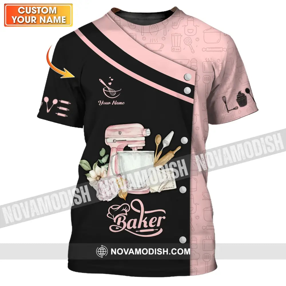 Unisex Shirt - Custom Name 3D Shirt For Baker Making Cake Pink And Back T-shirt