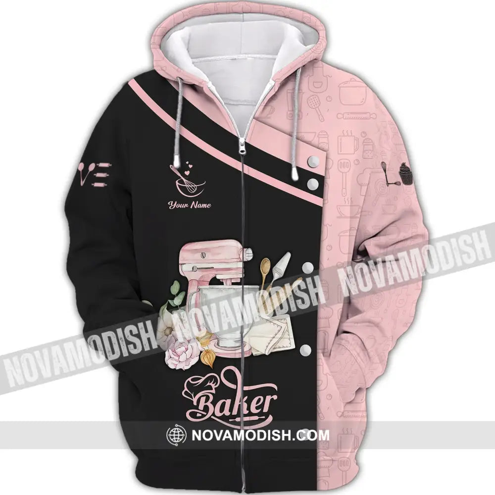 Unisex Shirt - Custom Name 3D Shirt For Baker Making Cake Pink And Back Zipper Hoodie / S T-shirt