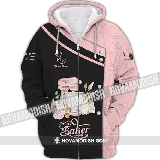 Unisex Shirt - Custom Name 3D Shirt For Baker Making Cake Pink And Back Zipper Hoodie / S T-shirt