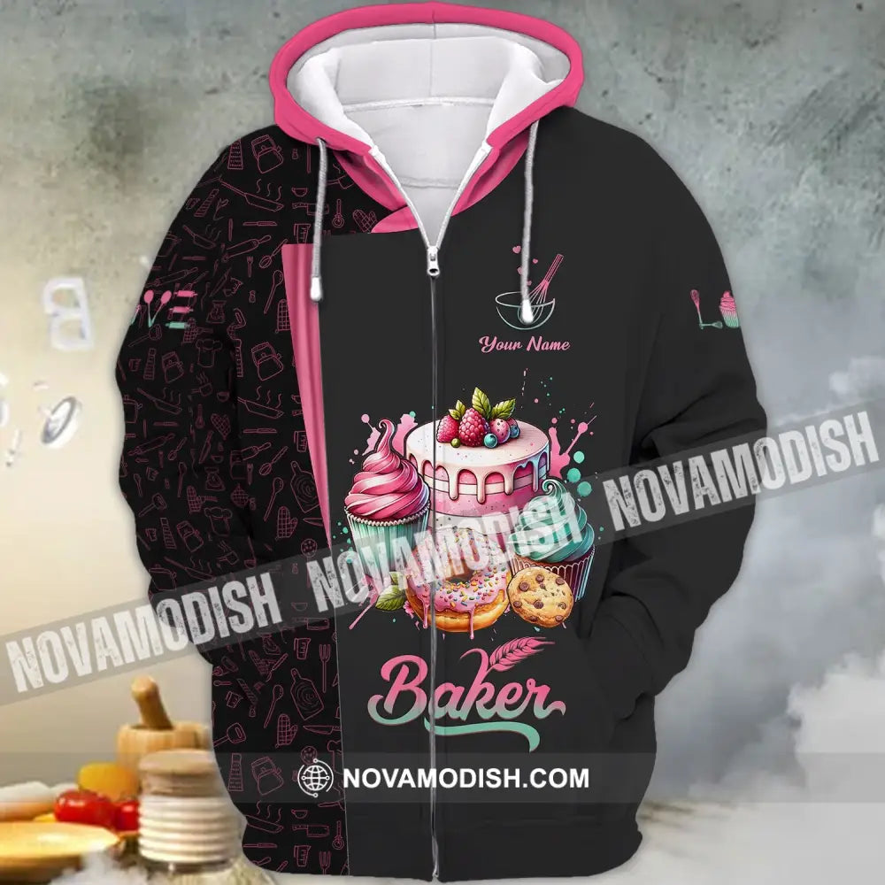 Unisex Shirt - Custom Name 3D Shirt For Baker Making Cream Cake Zipper Hoodie / S T-shirt