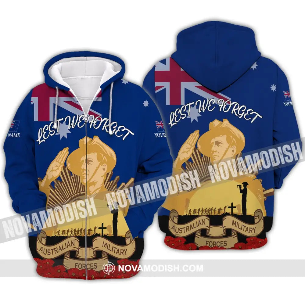 Unisex Shirt - Custom Name 3D Shirt - Lest We Forget Anzac Day Zipper Hoodie / S T-shirt
