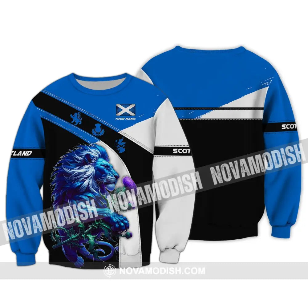 Unisex Shirt - Custom Name 3D Scotland Blue And White Lion Long Sleeve / S T-Shirt