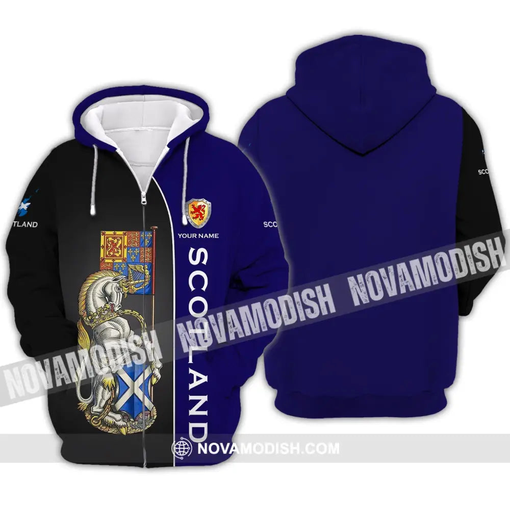 Unisex Shirt - Custom Name 3D Shirt - Scotland Lover Blue And Black Design Zipper Hoodie / S T-shirt