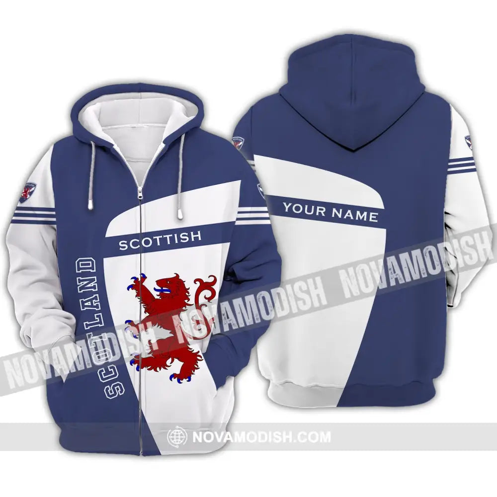 Unisex Shirt - Custom Name 3D Shirt - Scotland Scottish Lover Blue And White Design Zipper Hoodie / S T-shirt