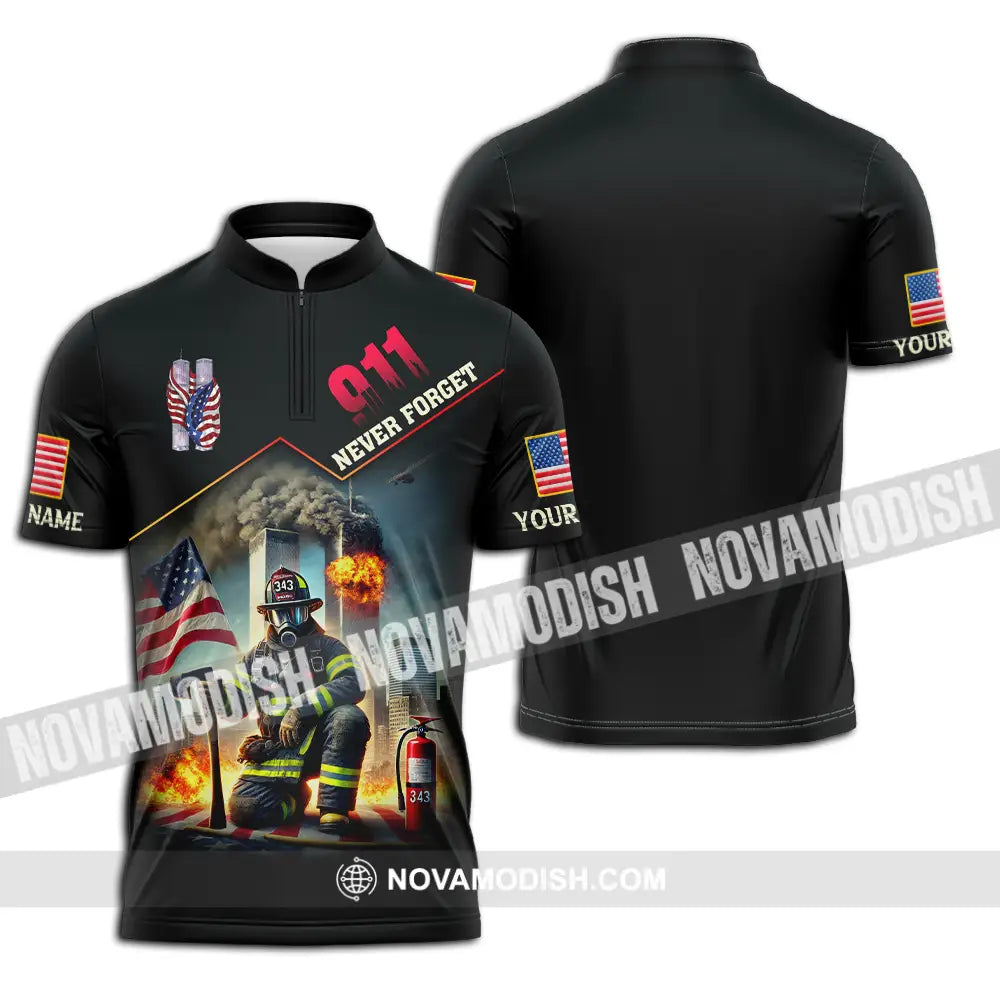 Unisex Shirt - Custom Name 911 Shirt Never Forget Zipper Polo Shirt / S T-shirt