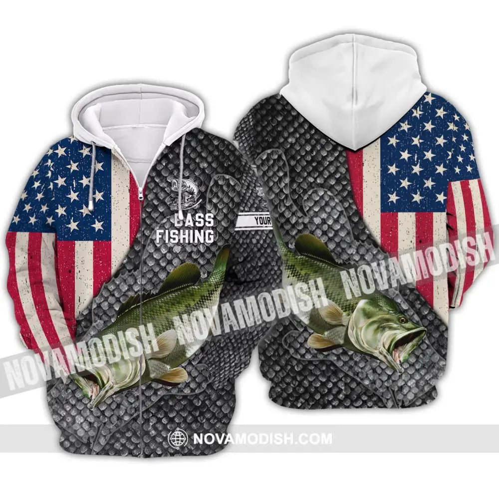Unisex Shirt - Custom Name Shirt - America Bass Fishing Shirt Zipper Hoodie / S T-shirt
