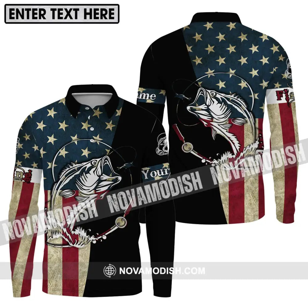 Unisex Shirt - Custom Name America Fishing Lover Shirt Long Sleeve Polo / S T-shirt
