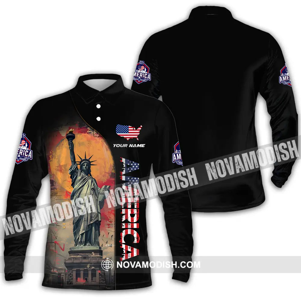 Unisex Shirt - Custom Name America Shirt America Flag Color Long Sleeve Polo / S T-shirt