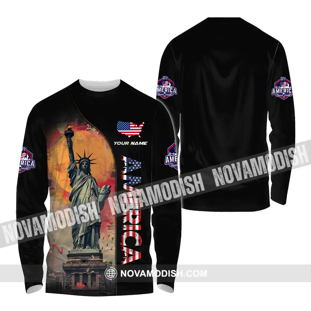 Unisex Shirt - Custom Name America Shirt America Flag Color Long Sleeve Shirt / S T-shirt