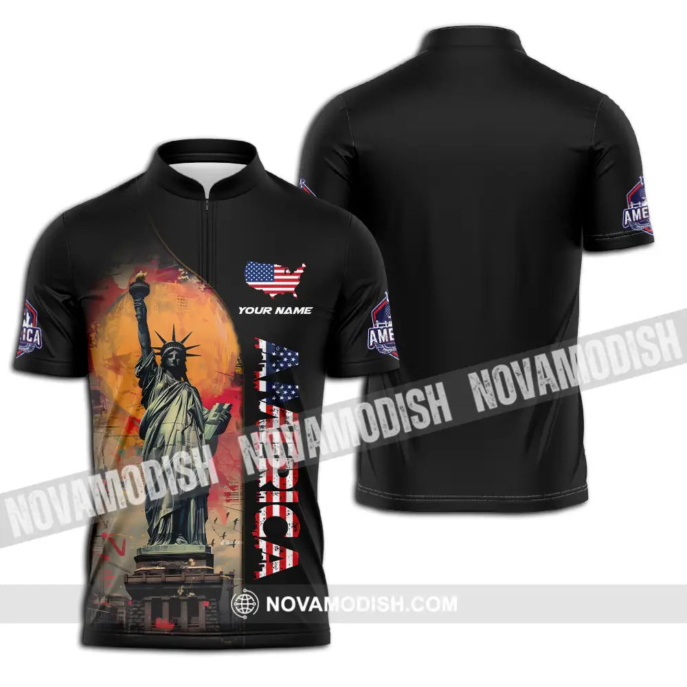Unisex Shirt - Custom Name America Shirt America Flag Color Zipper Polo Shirt / S T-shirt