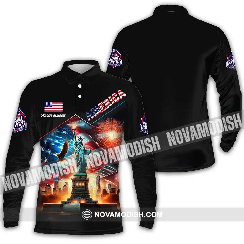 Unisex Shirt - Custom Name America Shirt Long Sleeve Polo / S T-shirt