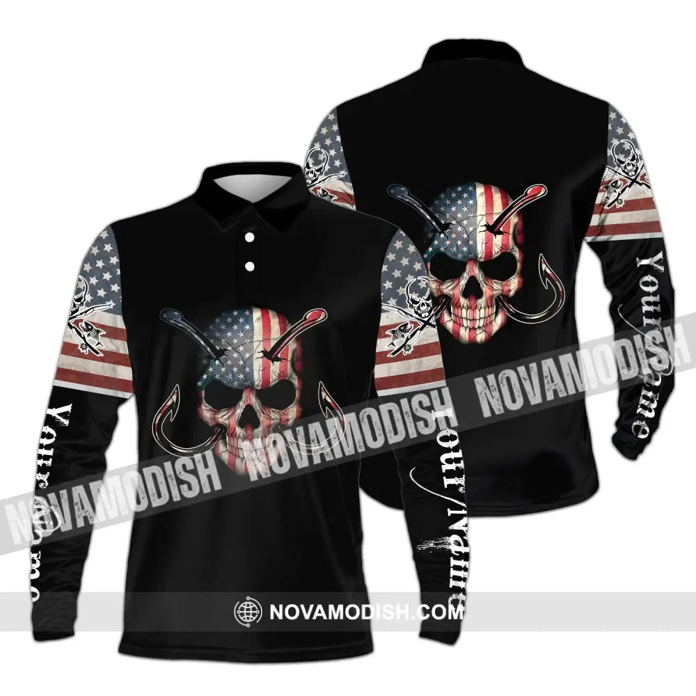 Unisex Shirt - Custom Name America Skull Fishing Shirt Long Sleeve Polo / S T-shirt