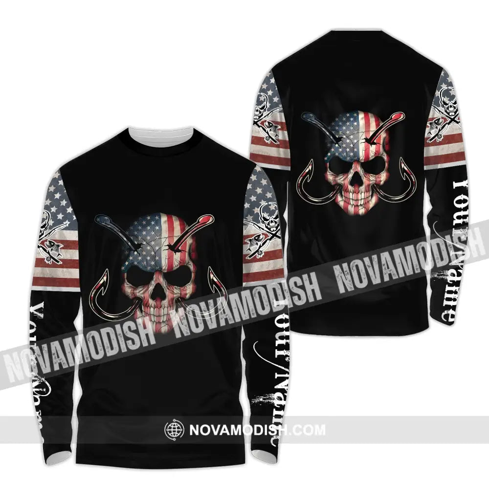 Unisex Shirt - Custom Name America Skull Fishing Shirt Long Sleeve Shirt / S T-shirt