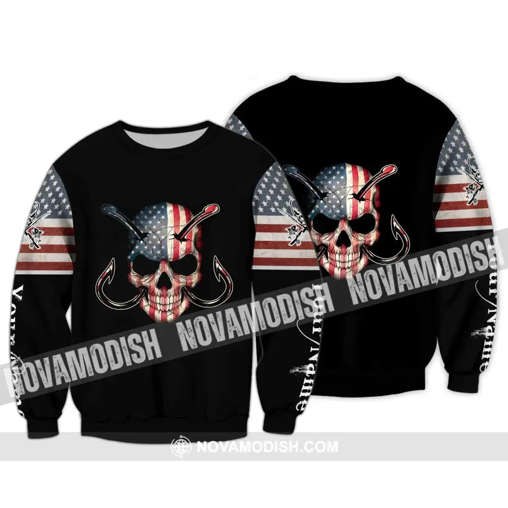 Unisex Shirt - Custom Name America Skull Fishing Shirt Long Sleeve / S T-shirt