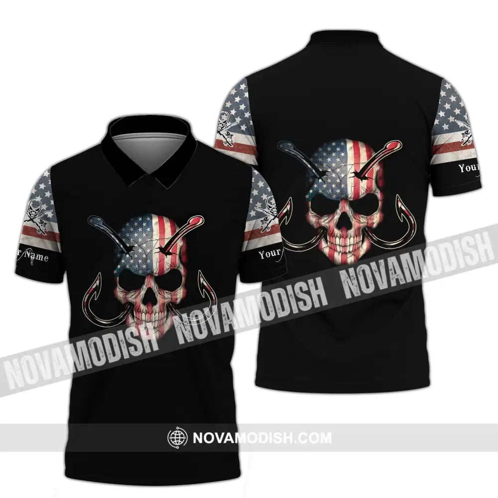 Unisex Shirt - Custom Name America Skull Fishing Shirt Polo Shirt / S T-shirt