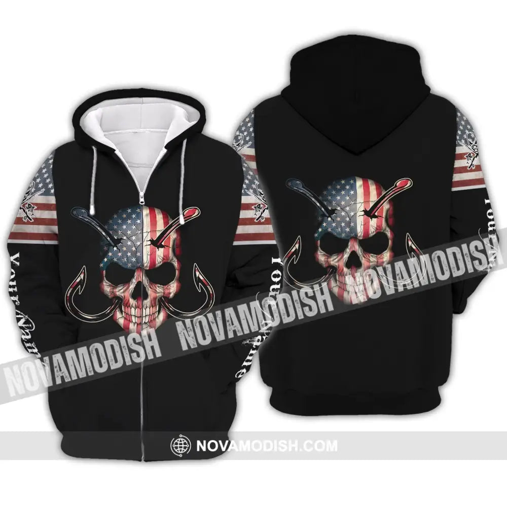 Unisex Shirt - Custom Name America Skull Fishing Shirt Zipper Hoodie / S T-shirt