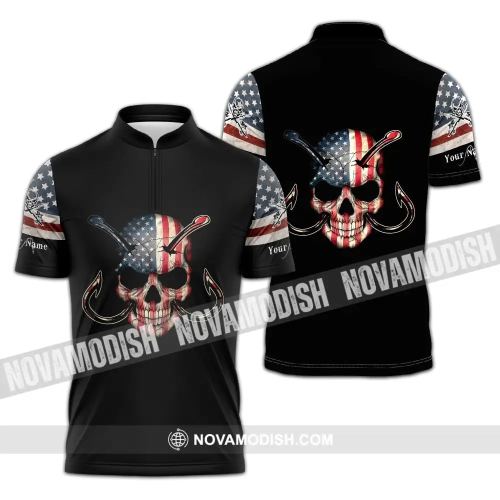Unisex Shirt - Custom Name America Skull Fishing Shirt Zipper Polo Shirt / S T-shirt