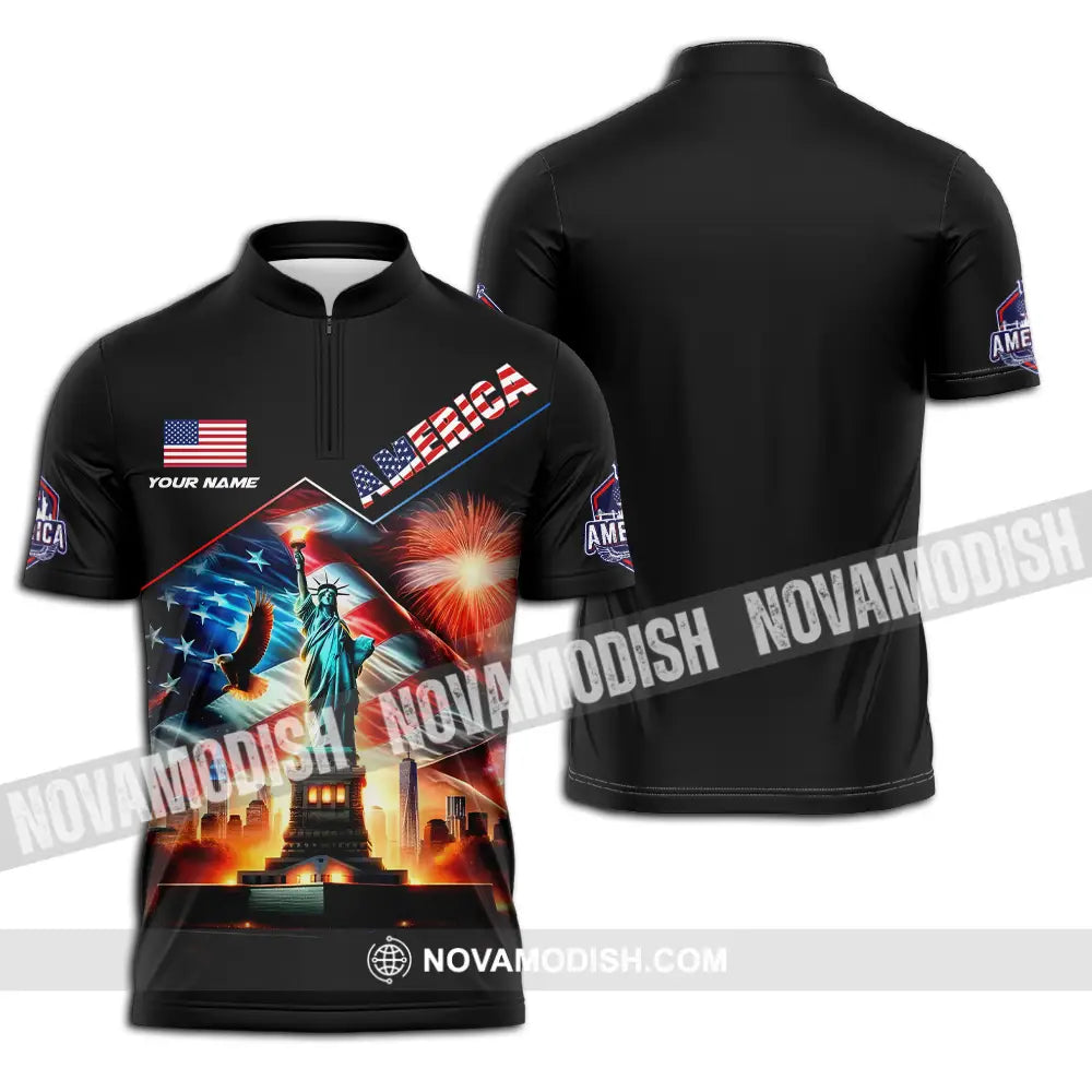 Unisex Shirt - Custom Name America Shirt Zipper Polo Shirt / S T-shirt
