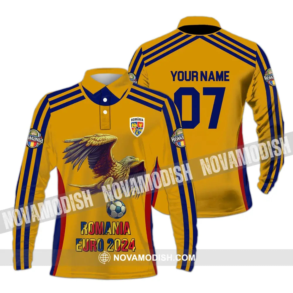 Unisex Shirt - Custom Name And Number 2024 Euro Cup Romania Team Long Sleeve Polo / S T-Shirt