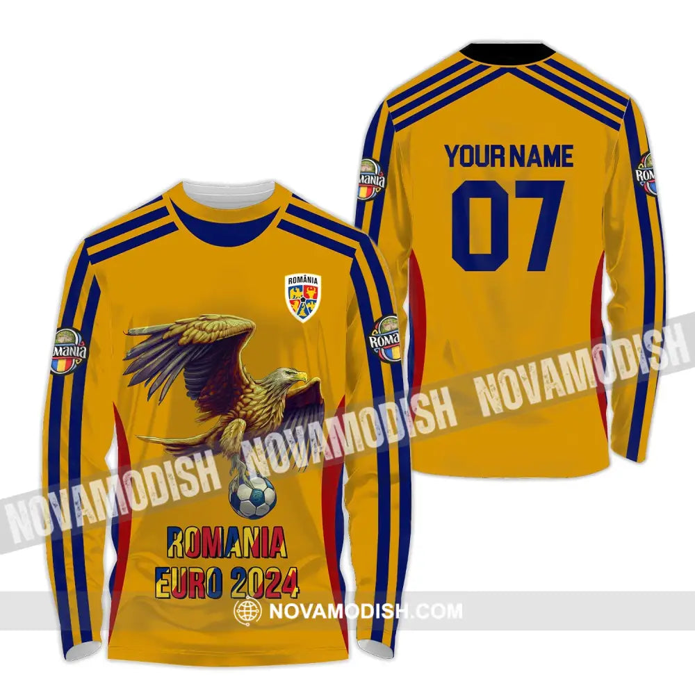 Unisex Shirt - Custom Name And Number 2024 Euro Cup Romania Team Long Sleeve / S T-Shirt