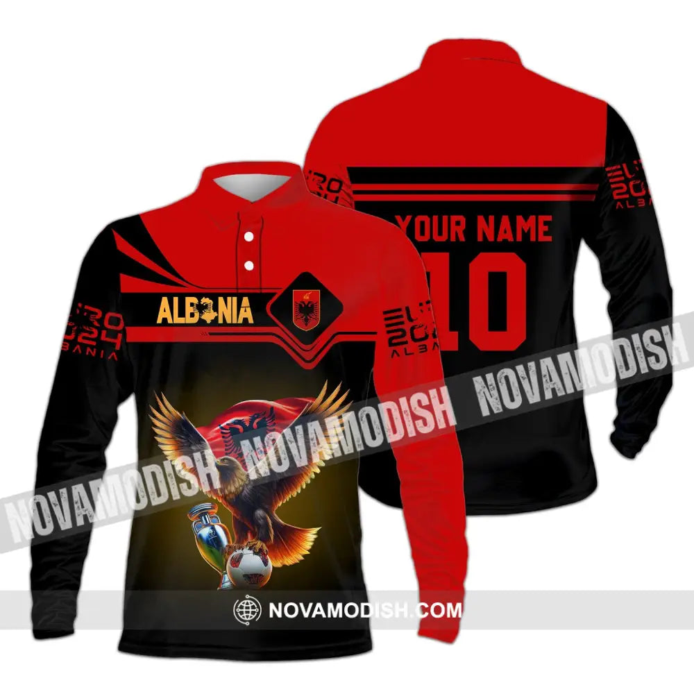 Unisex Shirt - Custom Name And Number Albania National Team Euro 2024 Red Long Sleeve Polo / S