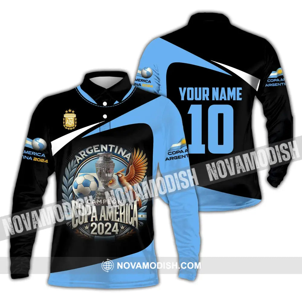 Unisex Shirt Custom Name And Number Argentina Football Polo Copa 2024 Hoodie Long Sleeve / S T-Shirt