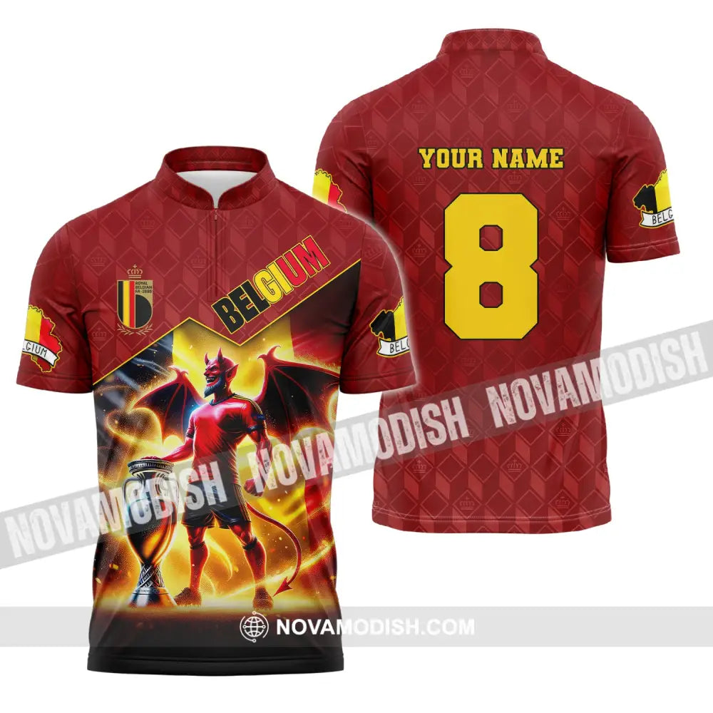 Unisex Shirt Custom Name And Number Belgium Football T-Shirt Euro 2024 Polo Long Sleeve Zipper / S